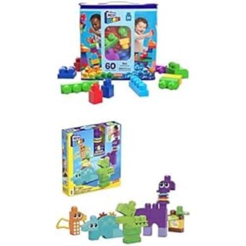 MEGA BLOKS Bundle Pack - Großer Bausteinebeutel (DCH55) + Sensorisches Spielzeug (HKN43), fördert Kreativität und Fantasie mit bunten Bausteinen und Dinos, für Kleinkinder ab 1 Jahr von MEGA Bloks