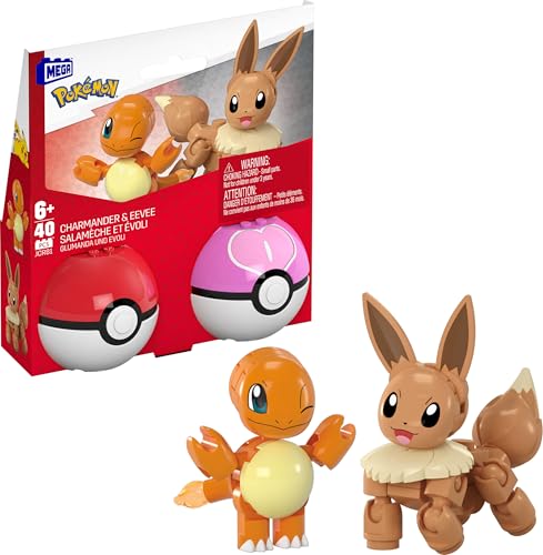 MEGA Pokémon Actionfigur Bauspielzeug-Set, Pokéball 2er-Pack, Glumanda und Evoli mit 40 Teilen, für Kinder, JCR81 von MEGA Pokémon