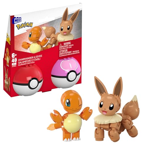 MEGA Pokémon Actionfigur Bauspielzeug-Set, Pokéball 2er-Pack, Glumanda und Evoli mit 40 Teilen, für Kinder, JCR81 von MEGA Pokémon