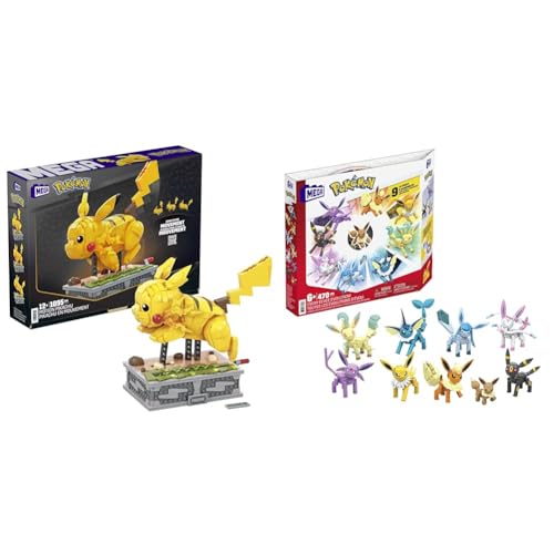 MEGA Pokémon Figuren, Motion Pikachu Figur zum Zusammenbauen, 1.095 Teile Evoli - Evolitionsset, 9 voll bewegliche Figuren zum Zusammenbauen Aller Stufen, für Kinder ab 6 Jahren, GFV85 von MEGA Pokémon