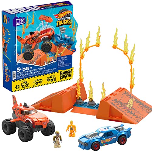 MEGA Hot Wheels Smash-und-Crash - Tiger Shark Crash Wettkampf im Monster Truck Bauset, 226 Teile, Tigerstreifen-Lackierung, Rampe, Feuerring, für Kinder ab 5 Jahren, HKF88 von Mega Brands