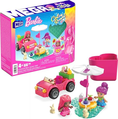 MEGA HKF90 - Barbie Color Reveal Bauspielzeug, Cabrio-Ausflug mit 2 kleinen Barbie-Puppen, Zubehör, 2 Tieren, Farbwechsel und 10 Überraschungen, Konstruktionsspielzeug für Kinder ab 4 Jahren von MEGA