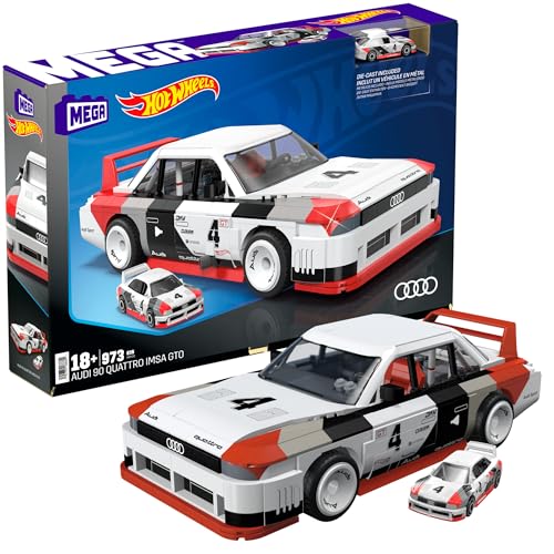 MEGA Hot Wheels zusammenbaubares Autospielzeug zum Sammeln, Audi 90 Quattro IMSA GTO mit 973 Teilen und Die-Cast-Modell, Set für Sammler zum Zusammenbauen und Präsentieren, rot, HRY20 von MEGA