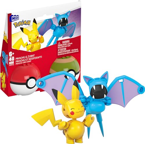 MEGA Pokémon Actionfigur Bauspielzeug-Set, zusammenbaubarer und beweglicher Pikachu und Zubat mit 40 Teilen und Pokébällen, für Kinder, HXP12 von Mega Wonder Pokemon