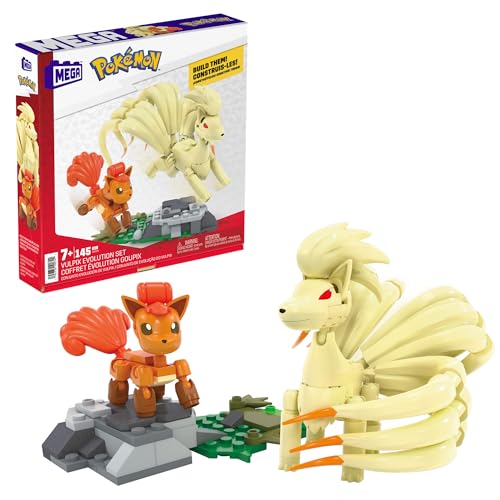 MEGA Pokémon Vulpix Evolutionsset - 145-teiliges Bauset mit Vulpix und Vulnona, Graslandschaft für dynamische Ausstellmöglichkeiten, bewegliche Schwänze, für Kinder ab 8 Jahren, HTH79 von Mega Brands