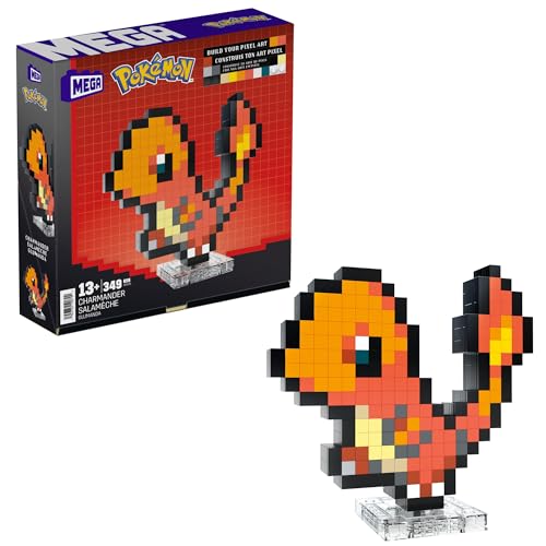 MEGA Pokémon Glumanda - zusammenbaubare Figur im Retro-Look, Pixel Art, inklusive Basis zur Wandmontage, für Erwachsene Baumeister und Sammler, HTH76 von MEGA