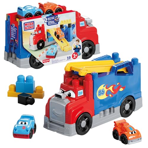 MEGA BLOKS-Bausteine Bausteinset für Kleinkinder, Fast Tracks Rennwagen-Transporter mit 19 Teilen, 2 Rennautos und Aufbewahrung, rot, ab 1 Jahr, JFR29 von MEGA