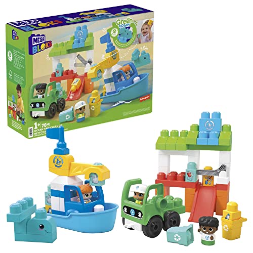 MEGA BLOKS Green Town Ozean-Reinigungsteam - Vorschul-Bauset mit 70 großen Bauklötzen, Boot und Truckbasis, 3 Fahrerfiguren und umweltfreundlichem Lernspielzeug für Kinder ab 1 Jahr, HPB49 von MEGA