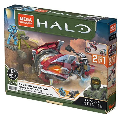 MEGA Halo Infinite Spielzeugfahrzeug-Bausets, Chopper Takedown Motorrad mit 2 beweglichen Mikro-Actionfiguren zum Sammeln und Zubehör von MEGA