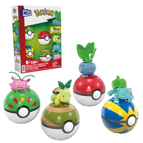 MEGA Pokémon Actionfigur-Bauspielzeug, Pflanze-Typ Trainerteam mit 118 Teilen, bewegliche Bisasam-, Chelast-, Hoppspross- und Myrapla-Figuren, Geschenkidee für Kinder, HWR77 von MEGA Pokémon