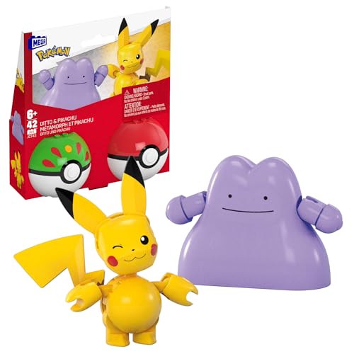 MEGA Pokémon Actionfigur Bauspielzeug-Set, Pokéball 2er-Pack, Pikachu und Ditto mit 42 Teilen, für Kinder, JCT43 von MEGA