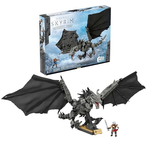 MEGA Skyrim Actionfigur Bauspielzeug, Alduin der Weltenfresser mit 619 Teilen, mit 1 Dragonborn-Figur, für Sammler, HXR98 von MEGA