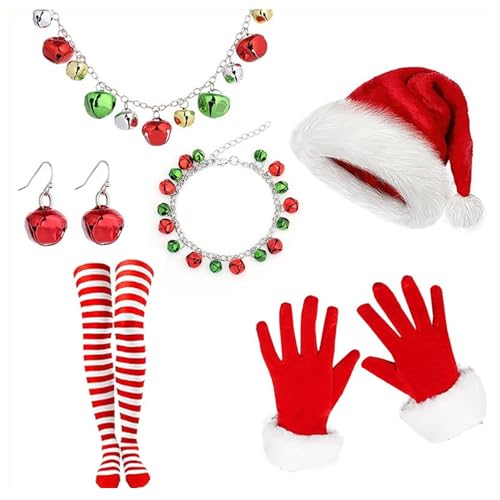 MEIBAOGE Weihnachtsmannanzug, Nikolausmütze, Strümpfe, Halskette, Handschuhe, Set, Foto-Requisiten, Weihnachtsfeier, Coaplay, Weihnachtsmann, Rollenspiel von MEIBAOGE