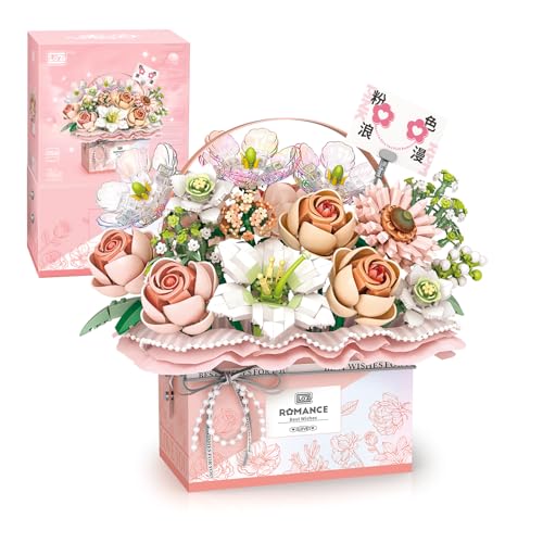 MEIEST Blume Bausteine Set, Simulation Rose Handheld Geschenkbox für Valentinstag, Bonsai Bausteine Spielzeug,Heimdekoration (Fantasy Pink), 1951 von MEIEST