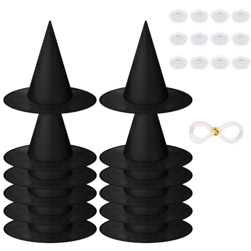 MEIRRAI 12er Hexenhut Hängend Schwarz Faltbare Hexen Deko für Halloween Party Hüte Kostüm Hexenhüte Zubehör, mit Transparente Angelschnur Klebehaken von MEIRRAI