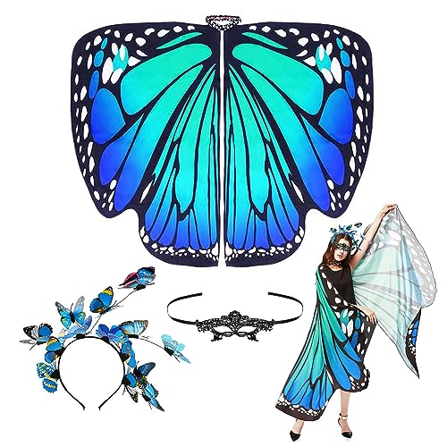 MEIRRAI Schmetterlingsflügel Erwachsene Schmetterling Umhang Flügel Kostüm Damen mit Spitze Maske Schwarz, Bug Stirnband für Halloween Party Cosplay von MEIRRAI