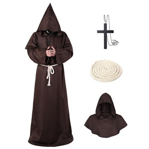 MEIRRAI Mönch Robe Priester Gewand Halloween Kostüm mit Kapuze und Kreuz Ornament, Hood Damen Herren Männer für Mottoparty Fasching (Braun, L) von MEIRRAI