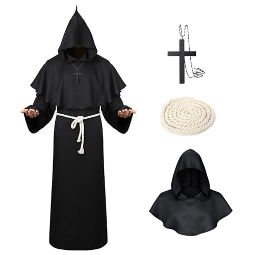 MEIRRAI Mönch Robe Priester Gewand Halloween Kostüm mit Kapuze und Kreuz Ornament, Hood Damen Herren Männer für Mottoparty Fasching (Schwarz, XXL) von MEIRRAI