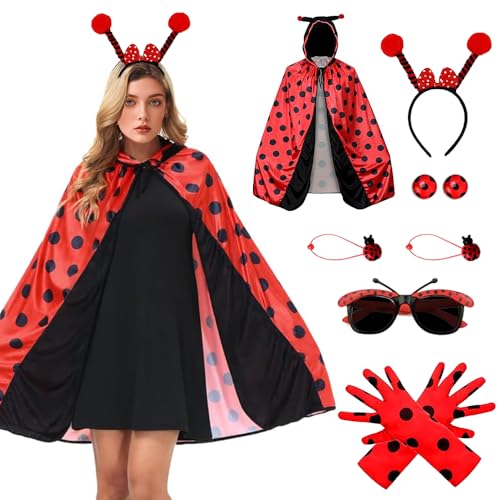 MEISHANG Marienkäfer Kostüm Damen,Ladybug Kostüm Zubehör mit Gläser Kartenausgabe Handschuhe,Karneval Marienkäfer Cape mit Kapuze,Faschingskostüme Damen Marienkäfer für Karneval,Mottoparty von MEISHANG