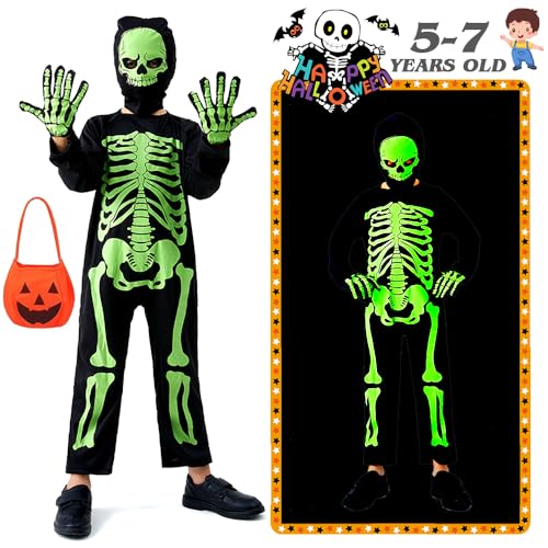 MEISHANG Skelett Kostüm Kinder,Halloween Kostüm Kinder Skelett Leuchtend,Halloween Kostüm Skelett Kinder,Leuchtendes Skelett Kostüm Kinder,Halloween Kostüm Kinder Jungen Mädchen(Größe M) von MEISHANG