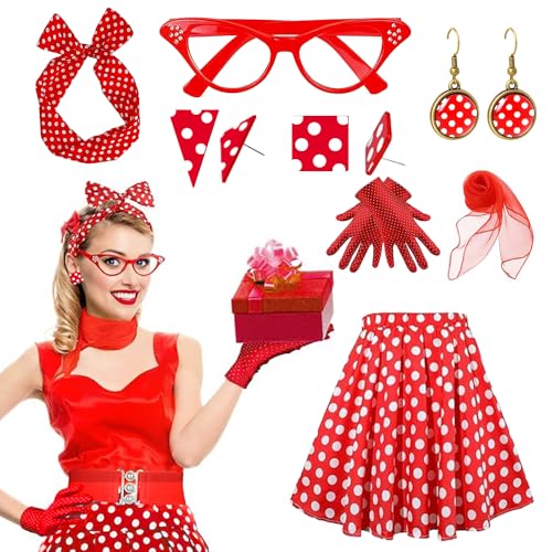 Rockabilly Accessoires Damen,8 Stück 50er Jahre Accessoires Damen,50er Jahre Outfit Damen mit Tupfenrock,Ohrringe, Chiffon,Brille,Stirnband,Handschuhe,für Karneval,Halloween,Fasching,Mottoparty von MEISHANG