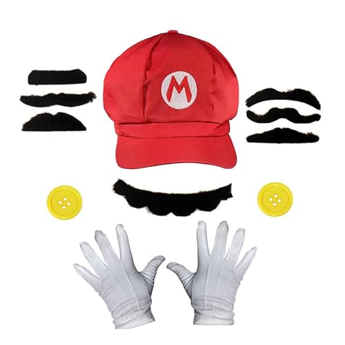 MEIYAXINWIN Kostüm Zubehör Mütze Hut Handschuhe Schnurrbärte gelbe Knöpfe, Cosplay Kostüm für Fasching Karneval Halloween Mottoparty, für Kinder Damen Herren von MEIYAXINWIN