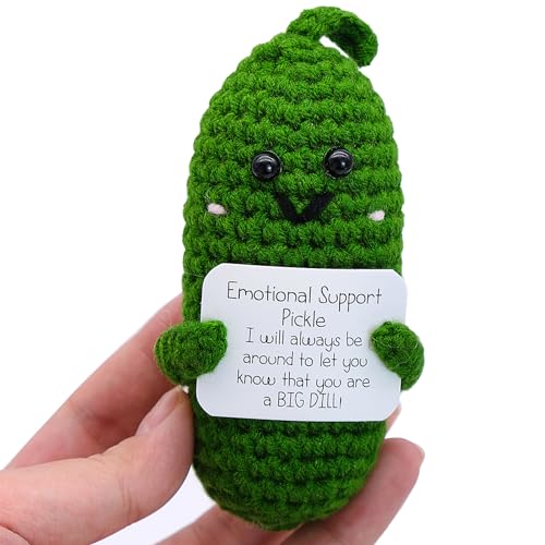 Positive Pickle Gestrickte Puppe, 10x5cm Emotional Support Pickle mit Positivitätskarte, Lustige Gurke Glücksbringer Pickle Ornament Gift Emotional Pickle Glücksgeschenk für Freunde und Eltern von MEIYAXINWIN