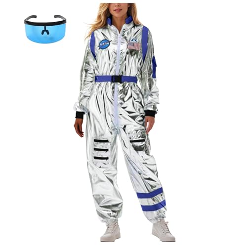 MEIYOUMK Astronauten Kostüm Damen Weltraum Kostüm Karneval Damen NASA Kostüm Damen Space Kostüm Karneval Erwachsene Overall Outfit Cosplay Faschingskostüme Space Jumpsuit Silber astronautenkostüm von MEIYOUMK