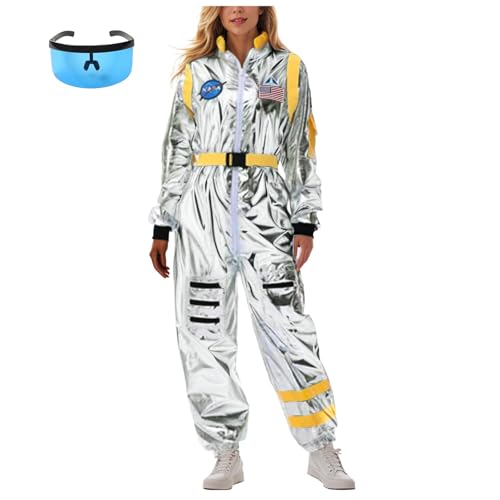 MEIYOUMK Astronauten Kostüm Damen Weltraum Kostüm Karneval Damen NASA Kostüm Damen Space Kostüm Karneval Erwachsene Overall Outfit Cosplay Faschingskostüme Space Jumpsuit Silber astronautenkostüm von MEIYOUMK