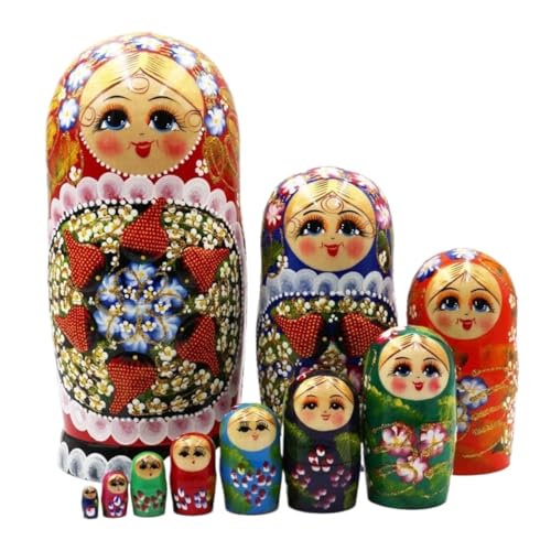 MEIZHITU Traditionelle Matroschkas 10 Packungen Russische Puppen, Russische Nistpuppen, Erdbeer-Matroschka, Aus Holz, Stapelbar, Verschachtelt, Handgefertigt Russische Matroschka-Puppen von MEIZHITU