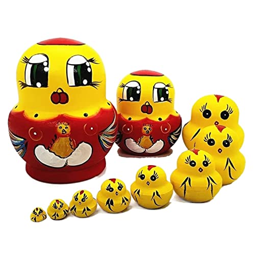 MEIZHITU Traditionelle Matroschkas 10 Stück Handgefertigte Hölzerne Niedliche Henne Russische Nesting Dolls Matroschka Holzstatue Russische Matroschka-Puppen von MEIZHITU