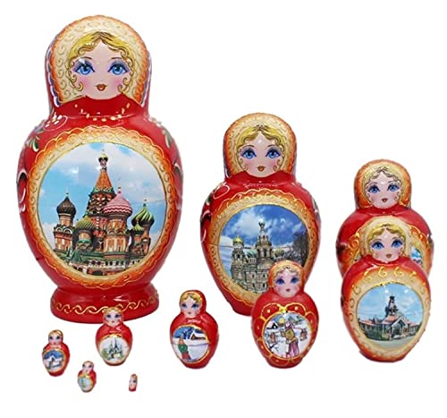 MEIZHITU Traditionelle Matroschkas 10-teiliges Matroschka-Set, handgefertigt, aus Holz, für Mädchen, russische Nestpuppen, für Spielzeug, Dekoration, Russische Matroschka-Puppen von MEIZHITU