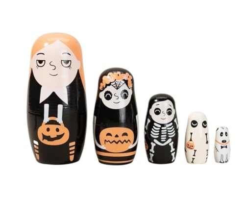 MEIZHITU Traditionelle Matroschkas 5 Packs Halloween-Themen-Nistpuppen Skelett-Kürbis-Geist-Welpe Russische Matroschka-Nistpuppe Aus Holz Russische Matroschka-Puppen von MEIZHITU