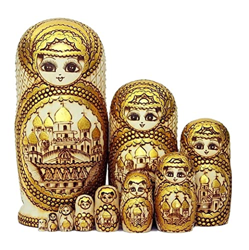 MEIZHITU Traditionelle Matroschkas Hölzerne Matroschka-Puppen, 10-teiliges Russisches Nesting-Puppen-Stapelset, Handgefertigtes Spielzeug, Geschenk Russische Matroschka-Puppen von MEIZHITU