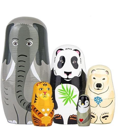 MEIZHITU Traditionelle Matroschkas Nesting Dolls 5PCS Hervorragende Handgefertigte Holztier-Nistpuppen Niedliche Elefanten-Panda-Nistpuppen Russische Matroschka-Puppen von MEIZHITU