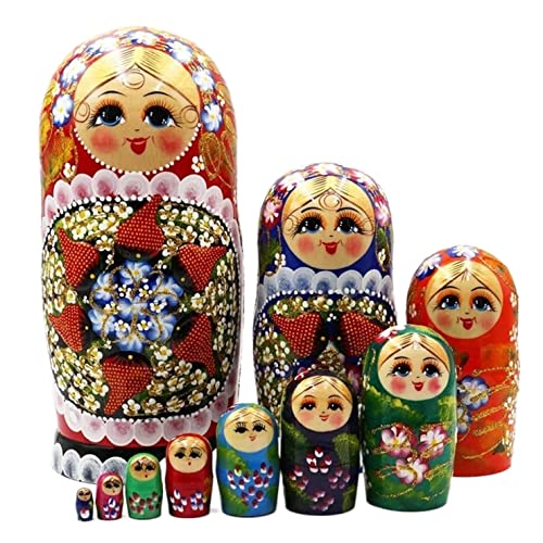 MEIZHITU Traditionelle Matroschkas Nesting Dolls Matroschka Holz Mädchen Stapeln Nested Set 10 Stück Handgefertigtes Spielzeug Für Geburtstag Russische Matroschka-Puppen von MEIZHITU