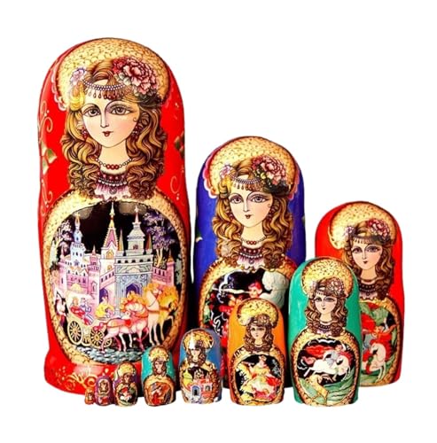 MEIZHITU Traditionelle Matroschkas Russische Puppe, 10 Stück, Russische Nistpuppen, Bemalte Matroschka, Stapelbare, Handgefertigte Holzpuppen Russische Matroschka-Puppen von MEIZHITU