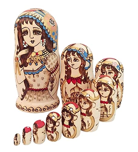 MEIZHITU Traditionelle Matroschkas Russische Verschachtelungspuppen, Zopfmädchen Russische Verschachtelungspuppen Matroschka Spielzeug, Holzstapelset 10-teilig Russische Matroschka-Puppen von MEIZHITU