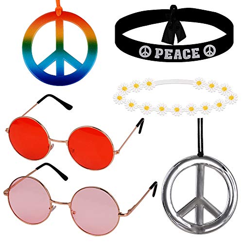 MEJOSER Hippie Kostüm Set Hippie Accessoires 60er Jahre Retro Vintage Brille Friedenszeichen Halskette Sonnenblume Krone Haarband 60er Jahre Hippie Dressing Zubehörset Damen Herren von MEJOSER