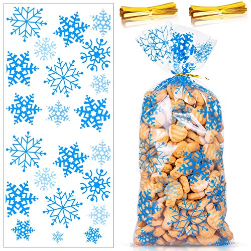 MELLIEX 100 Stück Weihnachten Süßigkeiten Tüten, Cellophantüten Schneeflocke Plätzchentüten Klarsichttüten mit 200er Twist Krawatten für Bonbon Plätzchen Süßigkeiten von MELLIEX