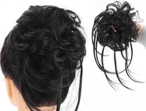 Hair Extension, Bun Hair Piece Synthetic Messy Bun Hair Piece Curly Hair Bun Extensions with Straight Tails Elastic Band Curly Chignon False Hairpieces Ponytail Extensions(Black) von MELY