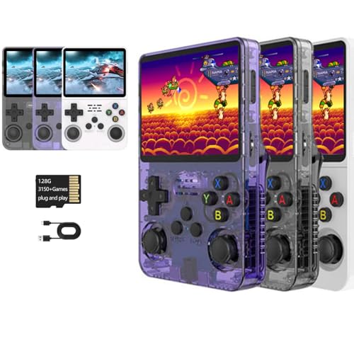 R36s Handheld, Retro Konsole, Retro Spielekonsole, Handheld RetrSpielekonsole, 3,5 Zoll IPS Bildschirm DDR3L 1 GB Retro Videospielkonsole für Linux System Transparent (Schwarz 128G) von MENDUNER