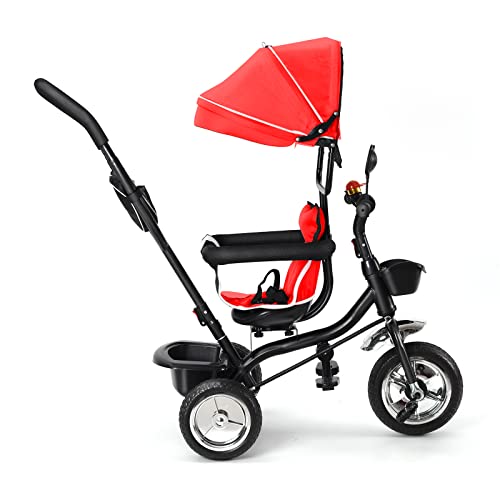 MENGDA Kinderdreirad, mitwachsend, 4-in-1, Baby-Dreirad mit verstellbarem Schiebegriff, Kleinkindfahrrad, Laufrad, wendbarer Sitz (Grau) (Rot) von MENGDA