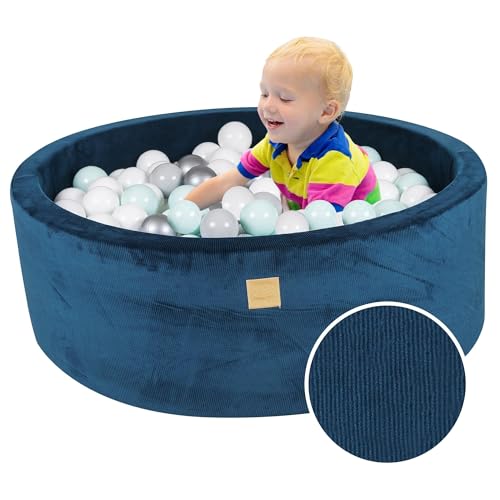 MEOWBABY Soft Play Bällebad für Kleinkinder und Babys – 90 x 30 cm Cord-Bällebad für den Innen-/Außenbereich mit Bällen inklusive 200 Stück – Spielgeräte Marineblau: Weiß/Grau/Silber/Mint von MEOWBABY