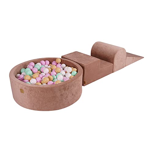 MEOWBABY Spielplatz aus Schaumstoff mit Bällebad 240x45cm - Schaumspielset mit 200 Bälle für Kinder, Velvet, Beige: Pastellrosa/Mint/Weiß/Beige von MEOWBABY