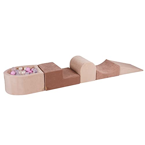 MEOWBABY Spielplatz aus Schaumstoff mit Bällebad 200x45cm - Schaumspielset mit 100 Bälle für Kinder, Velvet, Ecru-Beige: Transparent/Pastellrosa/Grau/Perlweiß von MEOWBABY