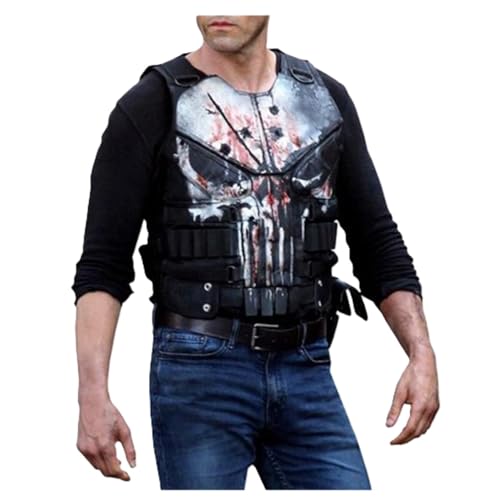 MERCH ATTIRE Herren-Lederweste mit Totenkopf-Logo, schwarz, Frank Castle, Halloween-Kostüm, Leder – Totenkopf-Logo-Weste, Leder, XX-Small von MERCH ATTIRE