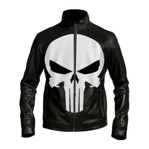 MERCH ATTIRE Herren Punisher Jacke, schwarzes Frank Castle, Leder, Totenkopf-Logo, Halloween-Kostüm von MERCH ATTIRE