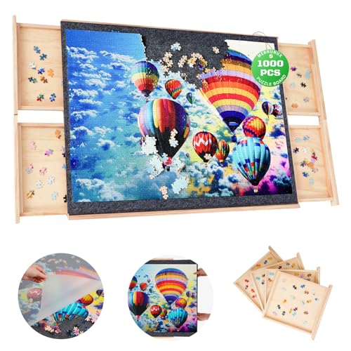 MERNUNUX Drehbares Puzzlebrett mit Schubladen, 61 x 76,2 cm, tragbares Holz-Puzzlebrett mit Abdeckung, Lazy Susan, drehbares Puzzlebrett für Erwachsene, Kinder, Senioren, 1000 Teile von MERNUNUX