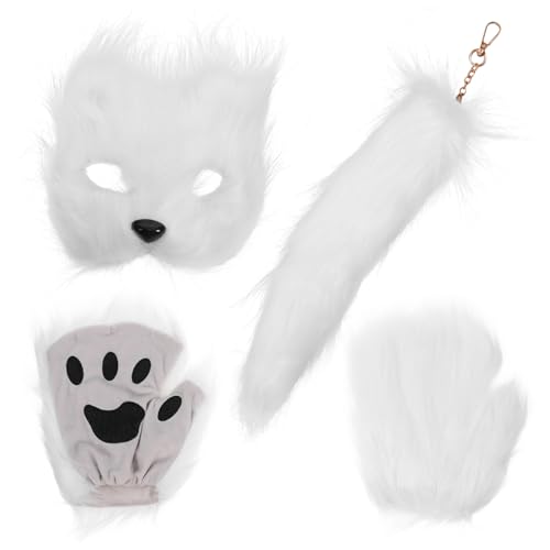 MERRYHAPY 1 Satz Fuchs-Masken-Set Maskerade Party Zubehör Flauschige Fuchs Maske tierhandschuhe Fuchsmasken- und Handschuhset für Cosplay Fuchsschwanz Kostüm Damen Fursuit-Pfoten Stoff Weiß von MERRYHAPY